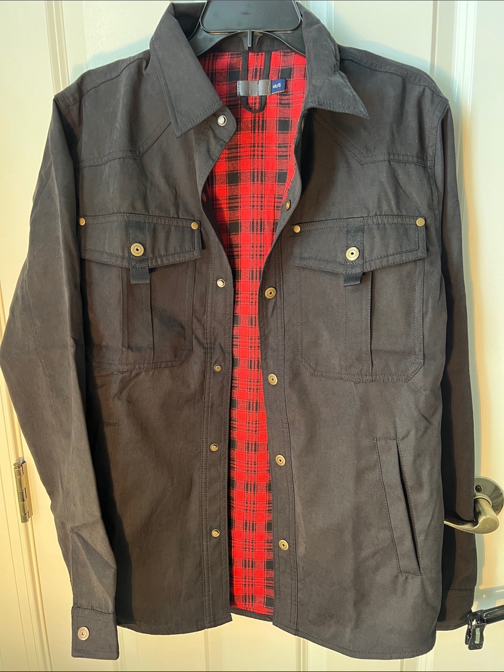 Men's Black Utility Jacket with Red and Black Buffalo Plaid Lining Size Small